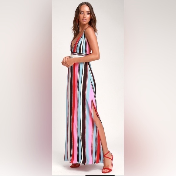 Lulu’s Andi Pink and Light Blue Multi Stripe Sleeveless Maxi Dress - Picture 3 of 9